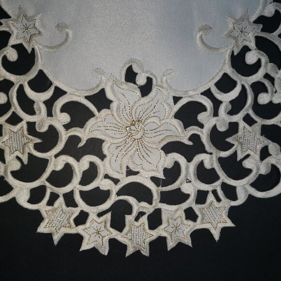 Set of 2 Off White w/ Gold Metallic Thread Trim 12"x27"Decorative Table Runners - Picture 4 of 7